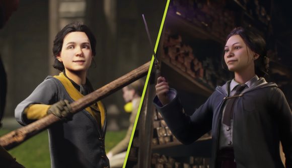 Hogwarts Legacy state of play gameplay: two witches, one with a broom and one with a wand