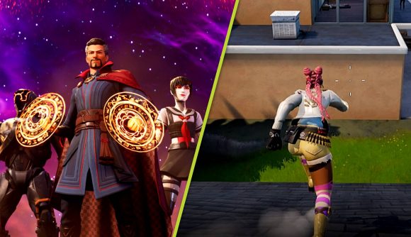 How to sprint in Fortnite Chapter 3 Season 2: Two images, one of Doctor Strange in a Fortnite cinematic and another showing off a player sprinting in-game