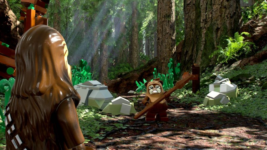 Lego Star Wars: The Skywalker Saga Character List: Lego Chewbacca and a Lego Ewok on Endor