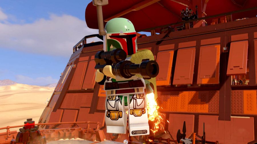 Lego Star Wars: The Skywalker Saga Character List: Lego Boba Fett by the Lego Jabba the Hutt's Barge.