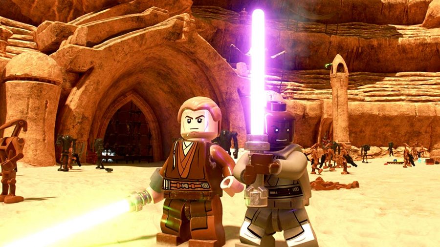Lego Star Wars: The Skywalker Saga Character List: Lego Anakin Skywalker and Lego Mace Windu in the Geonosis Arena.