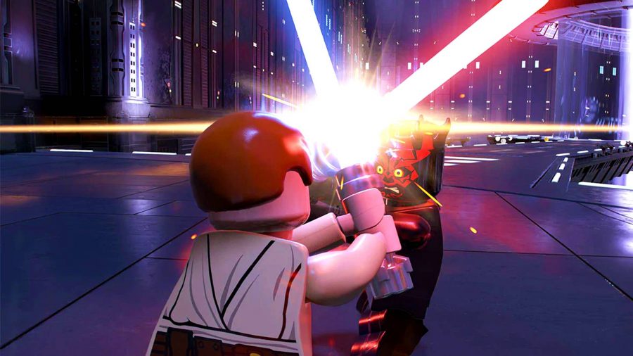 Lego Star Wars: The Skywalker Saga Character List: Lego Darth Maul fighting Lego Obi Wan in Naboo.