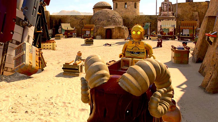 Lego Star Wars: The Skywalker Saga Character List: Lego C-3PO riding a Bantha.