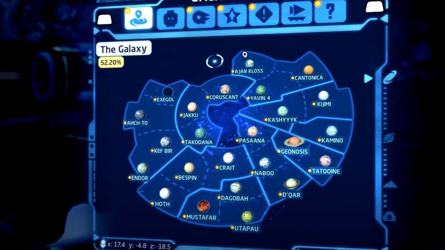 Lego Star Wars The Skywalker Saga planets and locations: An image of the Galaxy Map menu in-game