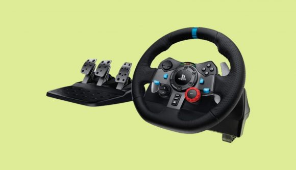 Logitech PS5 gaming steering wheel, the G29, with foot pedals.