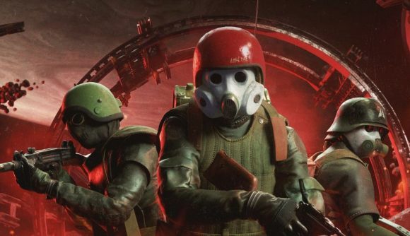 Marauders game reveal: Three soldiers in dark green military style outfits and spacesuit-style helmets wield their weapons