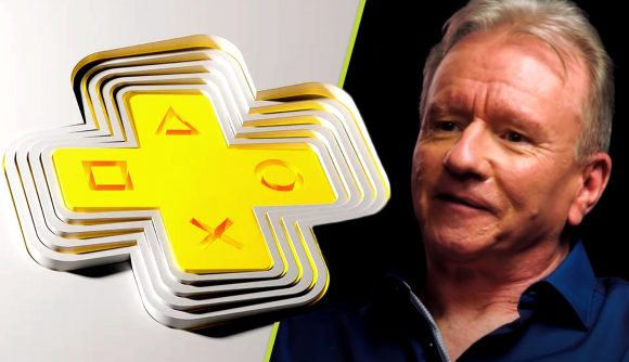 PS Plus Day One releases: An image of the PS Plus logo and Sony's Jim Ryan