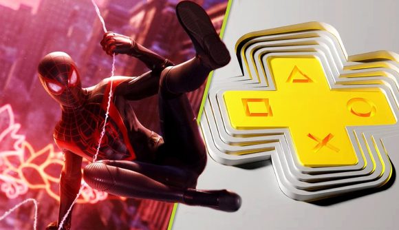 PS Plus Overhaul: Two images, one of Miles Morales from Insomniac's game web-swinging and another of the PS Plus logo.