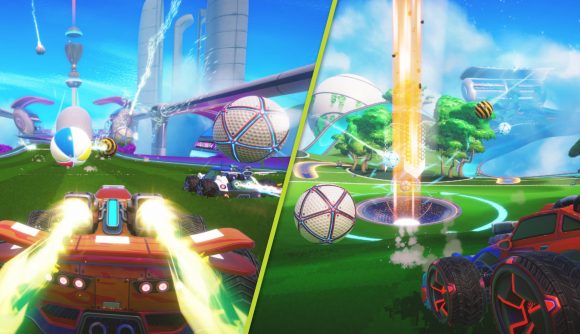 Turbo Golf Racing Rocket League PGA Tour: Multiple cars can be seen racing and another car can be seen hitting a ball into the goal.