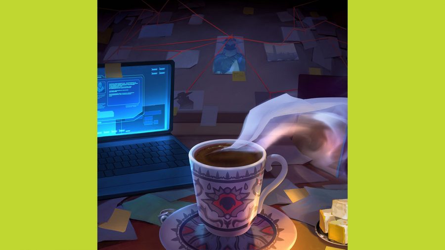 Valorant new agent Bounty Hunter release date: a cup of tea surrounded by a laptop, a pinboard, and a plate of Turkish Delight