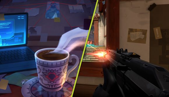 Valorant new agent Bounty Hunter abilities leak: a mug of tea and a rifle firing