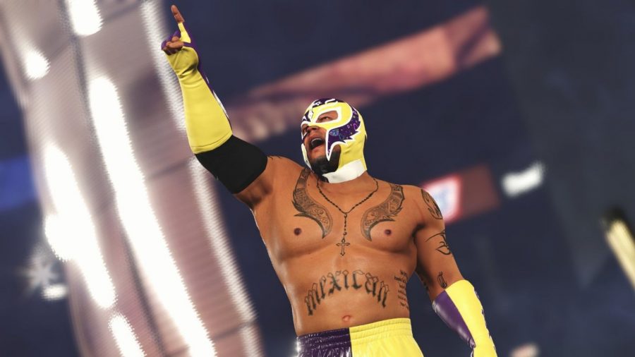 wwe 2k22 crossplay: wrestler points at the sky