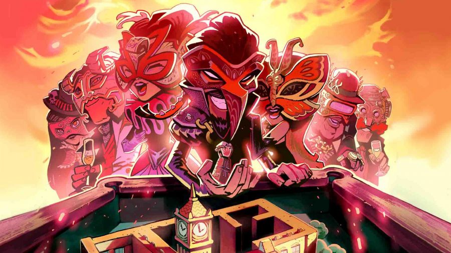 Xbox Games With Gold May 2022 Free Games: The key art for The Sexy Brutale shows multiple characters wearing masks standing above the diaoramas.