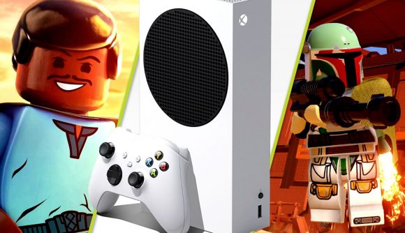 Xbox Star Wars Day Sweepstakes: An image of Lego Lando Calrissian, an Xbox Series S, and Lego Boba Fett