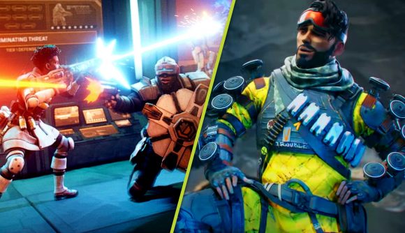 Apex Legends Season 13 ranked changes: An image of Bangalore and Newcastle alongside an image of Mirage from the cinematic trailer