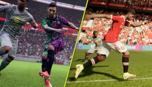 eFootball 1.0 update: A split image of Lionel Messi striking the ball in a purple kit, and Marcus Rashford sprinting in his red Manchester United kit