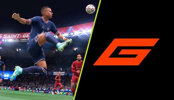 GOALS gameplay: A split image showing a screenshot from FIFA 22 and the logo of GOALS