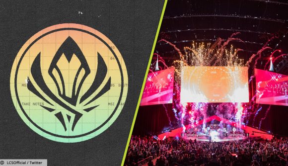 League of Legends MSI 2022 groups: MSI 2022 logo next to a stadium shot from the 2022 LCS Spring Final