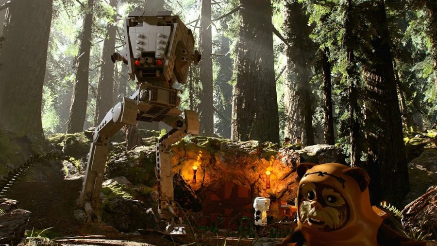 LEGO Star Wars The Skywalker Saga Challenges: A AT-AT can be seen on Endor with some Stormtroopers and Ewoks