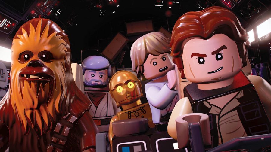 Lego Star Wars The Skywalker Saga Length: Han, Chewbacca, Obi-Wan, Luke, and C3PO can be seen in the Millenium Falcon.
