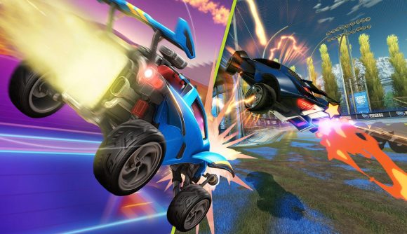 Rocket League: A car can be seen driving while another is one a field