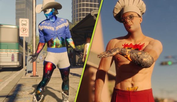 Saints Row character creator: A man with a galaxy skin effect poses while wearing a white Stetson hat, a poncho, and shorts. Next to him is a bare chested man in a chef's hat