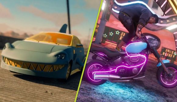 Saints Row vehicle abilities: A split image of a sports car painted to look like a shark and someone performing a stunt on a neon motorcycle