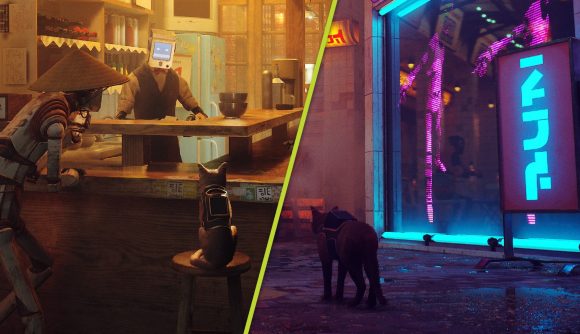 Stray Rating: A cat can be seen on a barstool with robots talking to it, and the same cat can be seen wandering through a neon-lit street