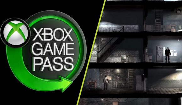 This War of Mine Xbox Game Pass: The Xbox Game Pass logo next toa screenshot taken from This War of Mine