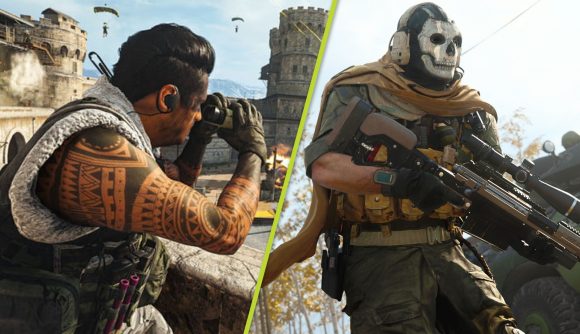 Warzone 2 reveal: Screenshots showing a Warzone operator using binoculars as enemy players parachute overhead and Modern Warfare's Ghost holding a sniper rifle