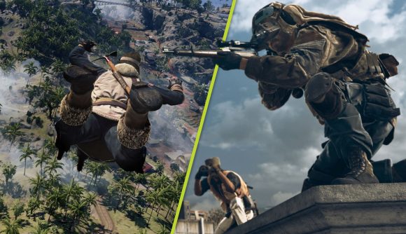 Warzone season 3 sniper changes: A split image of an operator dropping into Caldera and another operator crouched on top of a building aiming down the scope of a sniper rifle