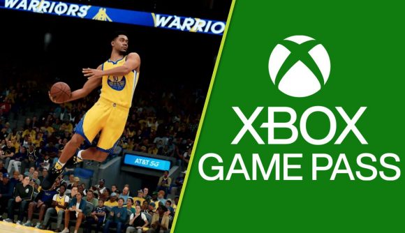 Xbox Game Pass NBA 2K22: A player can be seen dunking a ball and the Xbox Game Pass logo is also shown