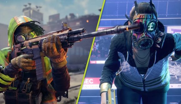 XDefiant Watch Dogs faction: A split image of an XDefiant character aiming a marksman rifle and a DedSec hacker from Watch Dogs