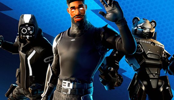 Fortnite Shadow Strike skin bundle: Three black skins in Fortnite on a blue background