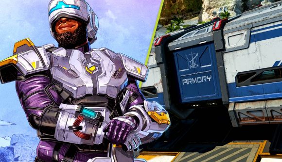 Apex Legends Season 13 IMC Armory One Use: Two images, one of Newcastle from Apex Legends and another of an IMC Armory in-game