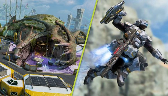 Apex Legends Season 13 patch notes: A split image of the new Downed Beast POI in Storm Point, and Newcastle flying through the air in Apex Legends