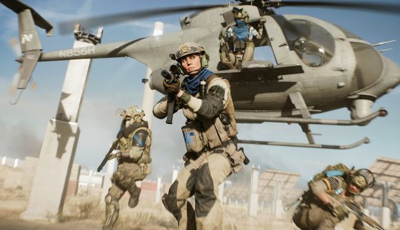 Battlefield 2042 Season 1: A squad of soldiers jump to the ground from a helicopter