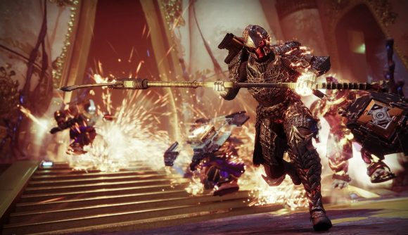 Destiny 2 new dungeon release time: A guardian flees from a fiery battle in Destiny 2
