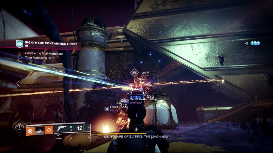 Destiny 2 Nightmare Containment: A screenshot of a boss fight in Destiny 2. The player is aiming a hand cannon and damage numbers surround the boss