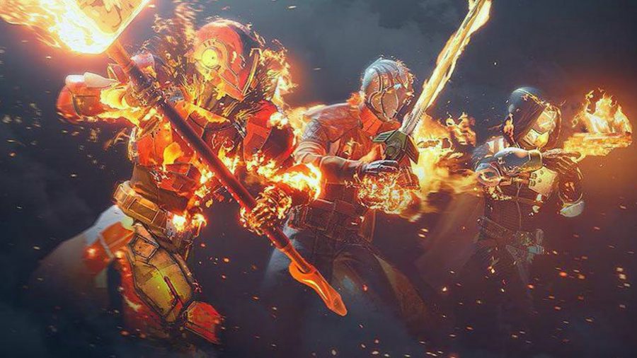 Destiny 2 Solar 3.0: three guardians charge forwards with their solar supers active
