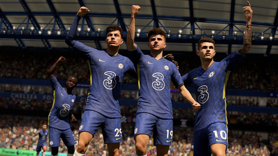 FIFA Escape From Tarkov wipe: three Chelsea players celebrate a goal in FIFA 22