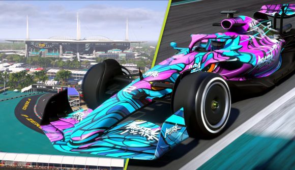 F1 22 game trailer Miami circuit: a shot of the Miami circuit in-game, next to a special Abstrk livery car