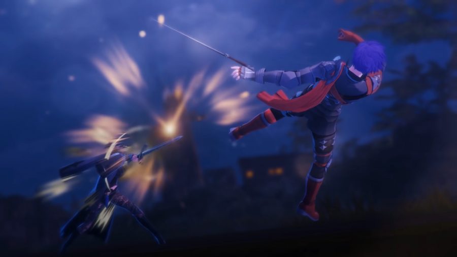 Fire Emblem Warriors: Three Hopes pre-orders - a screenshot from one of the game's trailers shows two men in combat, with one having been struck by a sword.