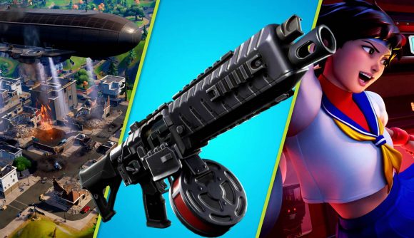 Fortnite 20 30 Drum Shotgun Buff: Three images, one of the Fortnite map, one of the Drum Shotgun, and another of a new Street Fighter character in Fortnite