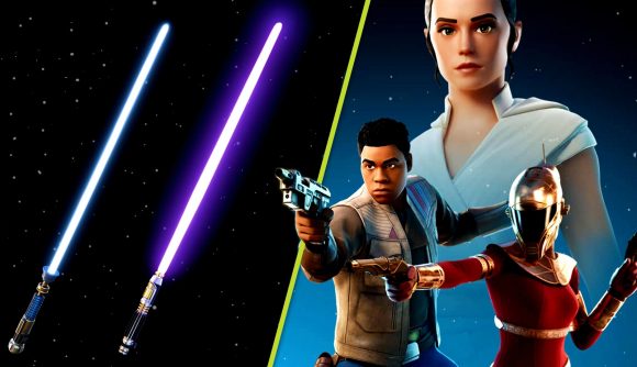 Fortnite Lightsabers Star Wars: Two images, one of Star Wars skins in-game and one of the Lightsaber items