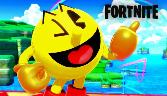 Fortnite Pac-Man skin: An image of Pac-Man pointing to the Fortntie logo