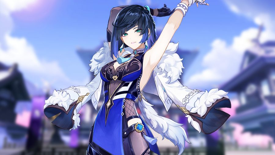 Genshin Impact Yelan Build: Yelan, a black and blue-haired woman wearing a blue outfit with ornate detailing