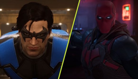 Gotham Knights Nightwing Red Hood Gameplay: Nightwing can be seen, alongside Red Hood who is firing a gun behind him.