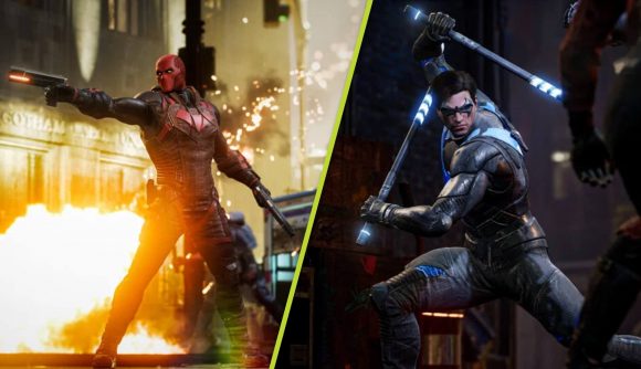 Gotham Knights PS4 Xbox One Cancelled: Red Hood can be seen firing a wepaon with an explosion behind him, while Nightwing prepares to attack some enemies.