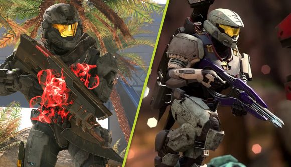 Halo Infinite Season 2: Two screenshots of spartans wielding weapons in Halo Infinite